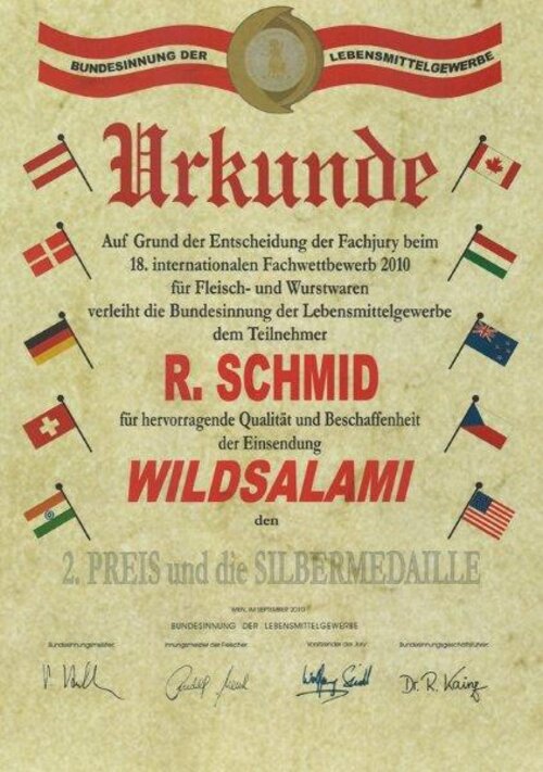 Urkunde Wildrohwürstel_Schmid Urkunde Wildrohwürstel_Schmid